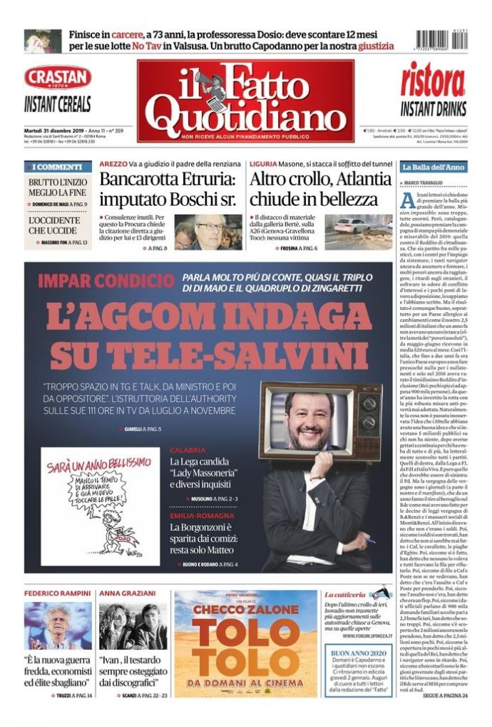 Copertina di martedì 31 dicembre 2019