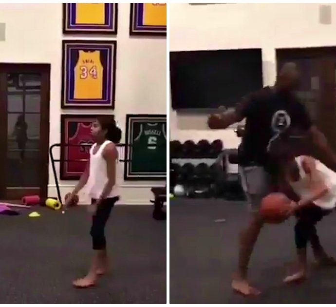 Kobe Bryant, l’ex stella Nba gioca a basket con la figlia Gigi nella palestra di casa: il video