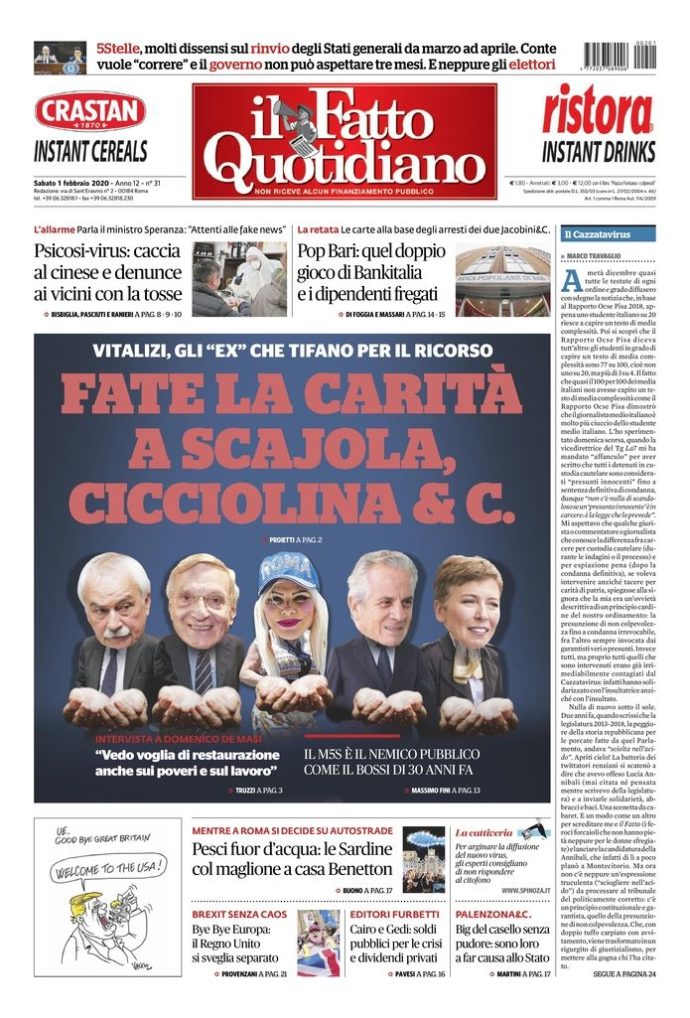 Copertina di sabato 1 febbraio 2020