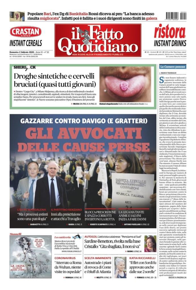 Copertina de Il Fatto Quotidiano di Dom 2 Febbraio 2020