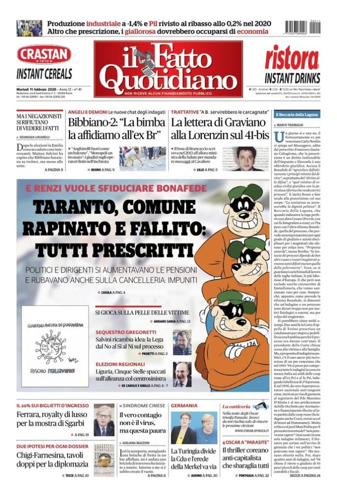 Copertina di martedì 11 febbraio 2020