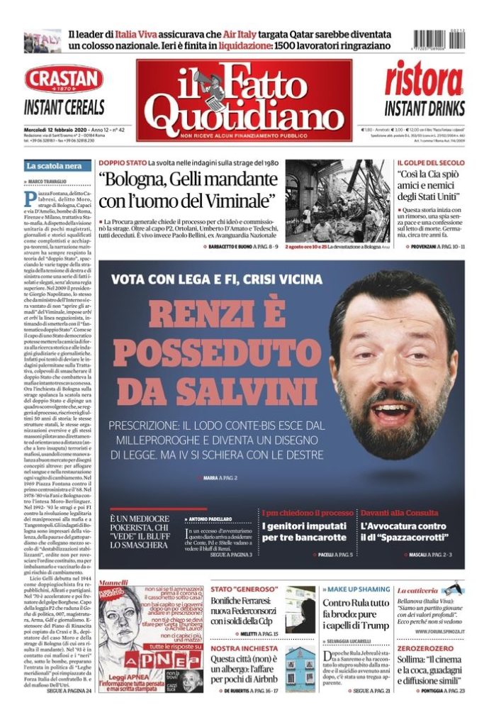 Copertina di mercoledì 12 febbraio 2020