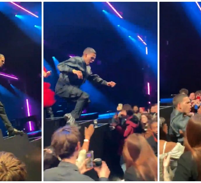Insulta rapper al concerto e lui perde la testa: salta giù dal palco e lo aggredisce. Le immagini