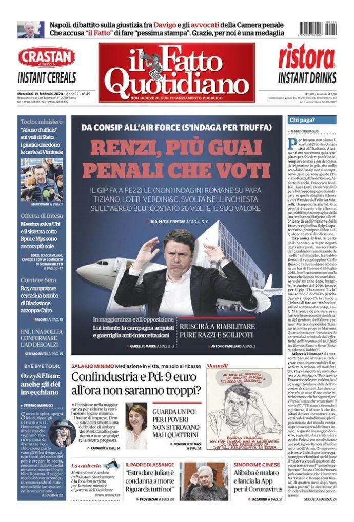 Copertina di mercoledì 19 febbraio 2020