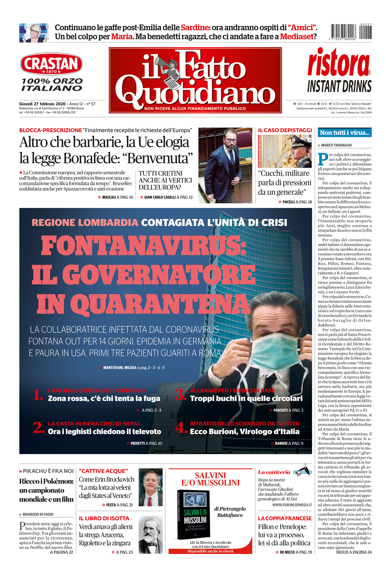 Prima Pagina Il Fatto Quotidiano - Fontanavirus: il Governatore in quarantena