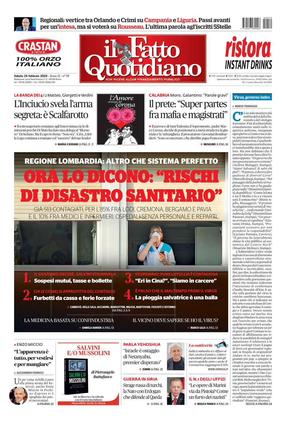 Prima Pagina Il Fatto Quotidiano - Ora lo dicono: “Rischi di disastro sanitario”