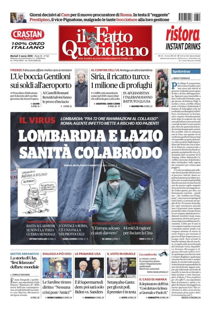 Copertina de Il Fatto Quotidiano di Mar 3 Marzo 2020