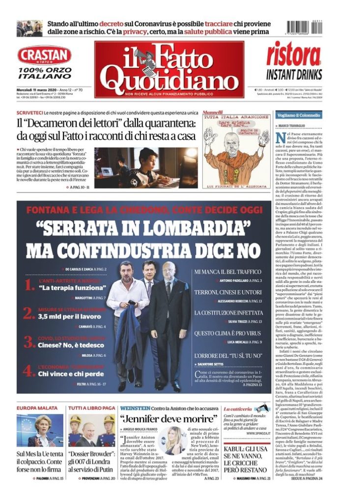 Copertina di mercoledì 11 marzo 2020