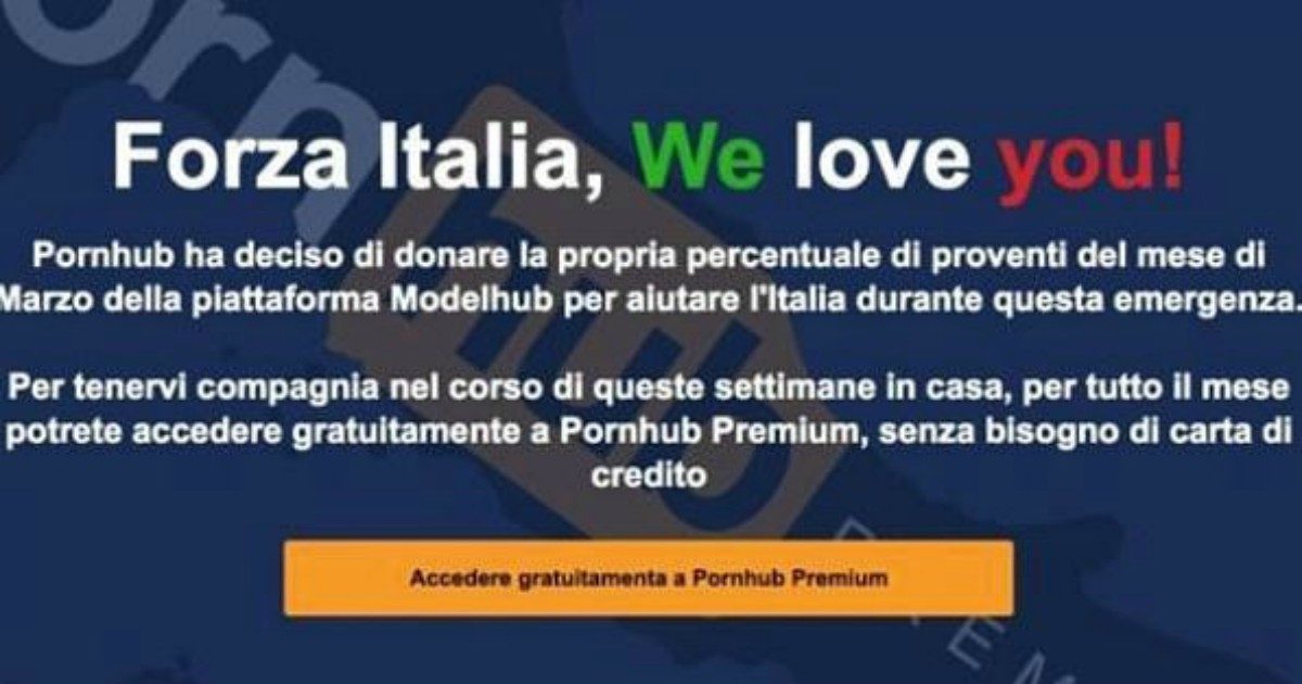 Coronavirus, Pornhub offre il servizio Premium gratis per tutto il mese di marzo: “Forza Italia, we love you”