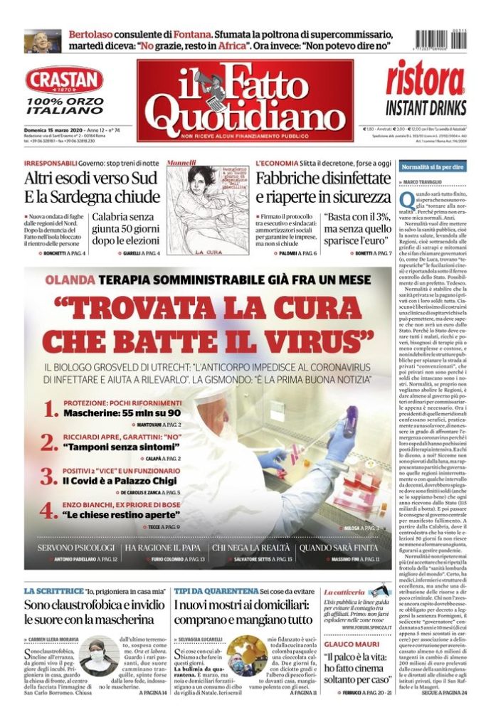 Copertina di domenica 15 marzo 2020