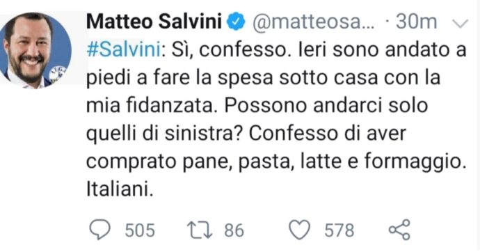 Coronavirus, Salvini con la fidanzata per le strade di Roma. Pd: “Regole valgano per tutti”. Lui: “Facevo la spesa”. M5s: “Ma si va da soli”
