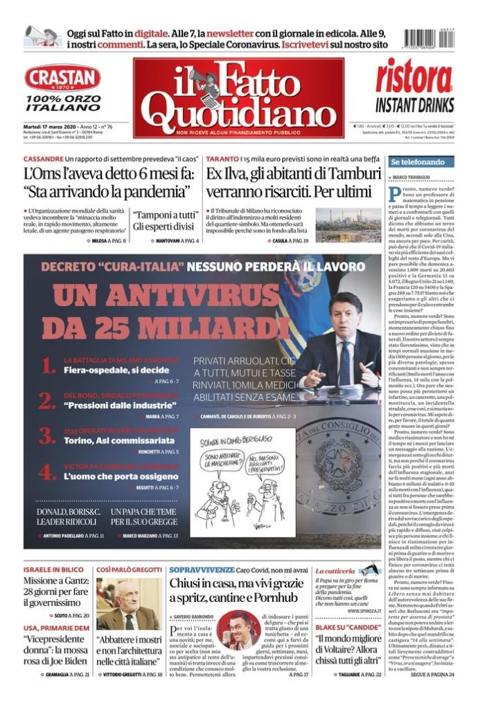 Copertina di martedì 17 marzo 2020