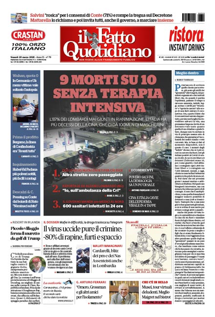 Prima Pagina Il Fatto Quotidiano - 9 morti su 10 senza terapia intensiva