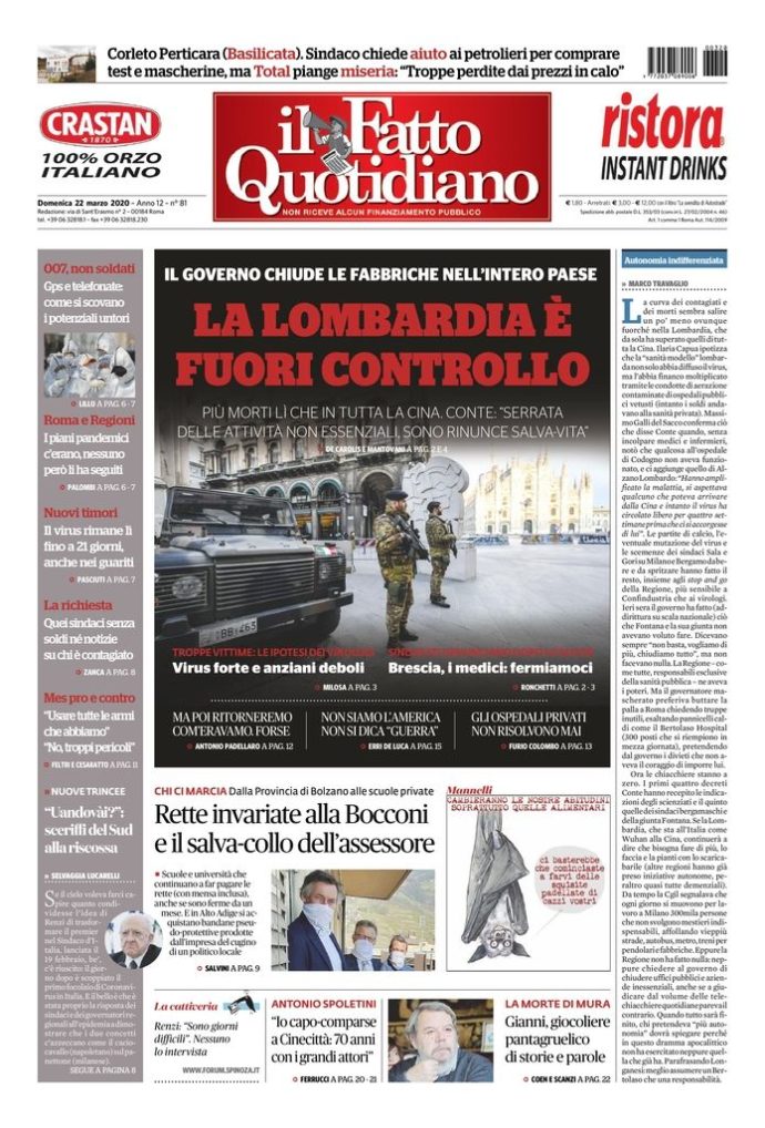 Copertina di domenica 22 marzo 2020