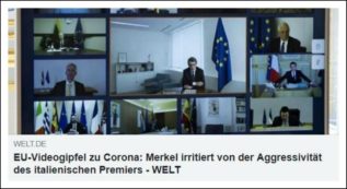 Copertina di Ue, stampa tedesca divisa sulla linea dura. Zeit: “Senza accordo non resterà molto dell’Europa”. Welt: “Merkel innervosita dall’aggressività di Conte. Gli Eurobond costerebbero a nostri contribuenti 30 miliardi”