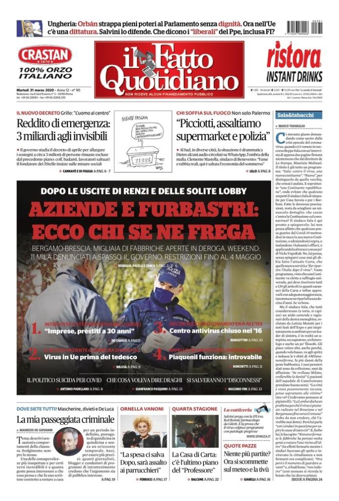 Copertina di martedì 31 marzo 2020