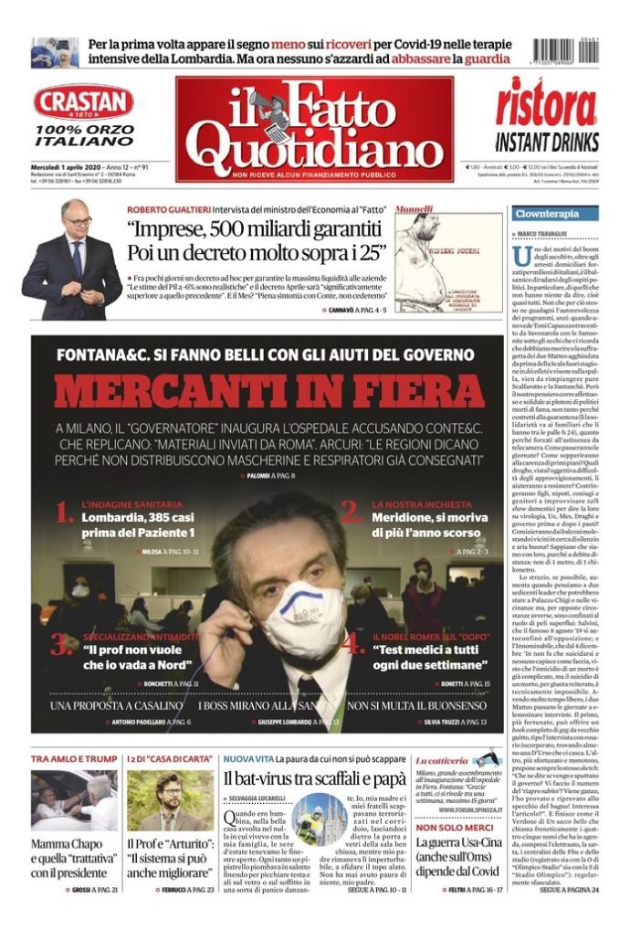 Copertina di mercoledì 1 aprile 2020