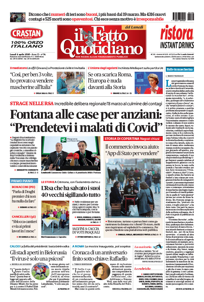 Prima Pagina Il Fatto Quotidiano - Fontana alle case per anziani: “Prendetevi i malati di Covid”