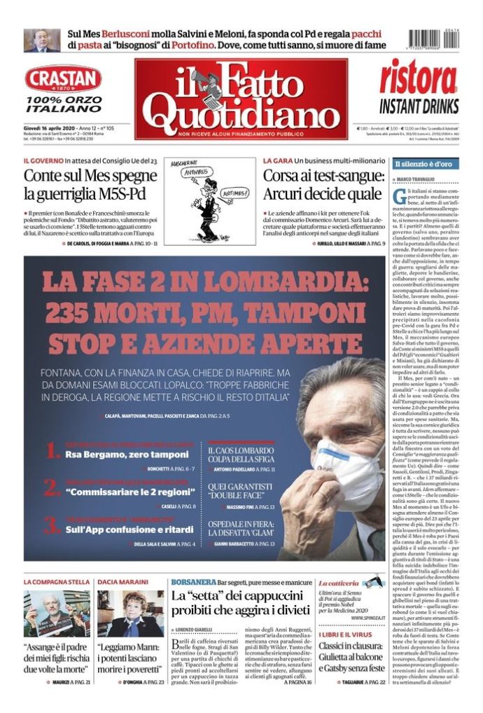 Copertina di giovedì 16 aprile 2020