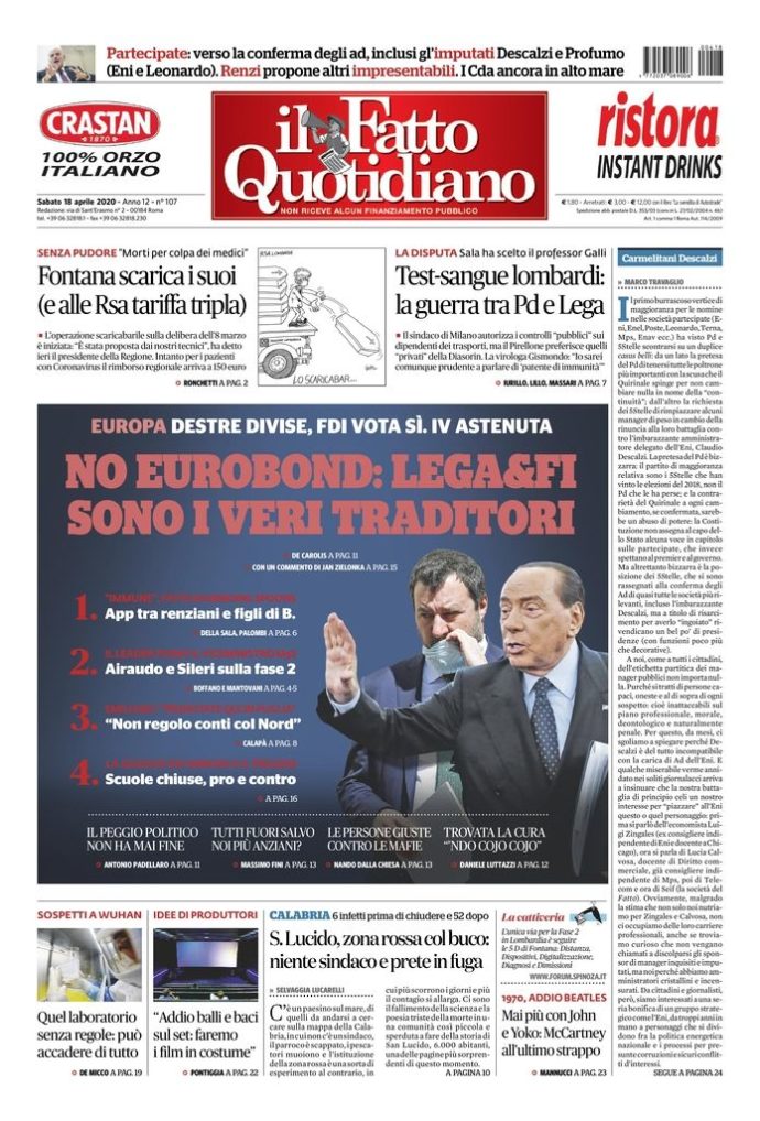 Copertina di sabato 18 aprile 2020