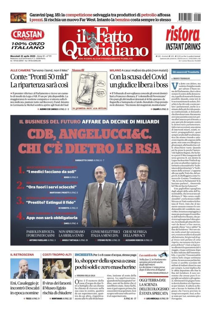 Copertina di mercoledì 22 aprile 2020