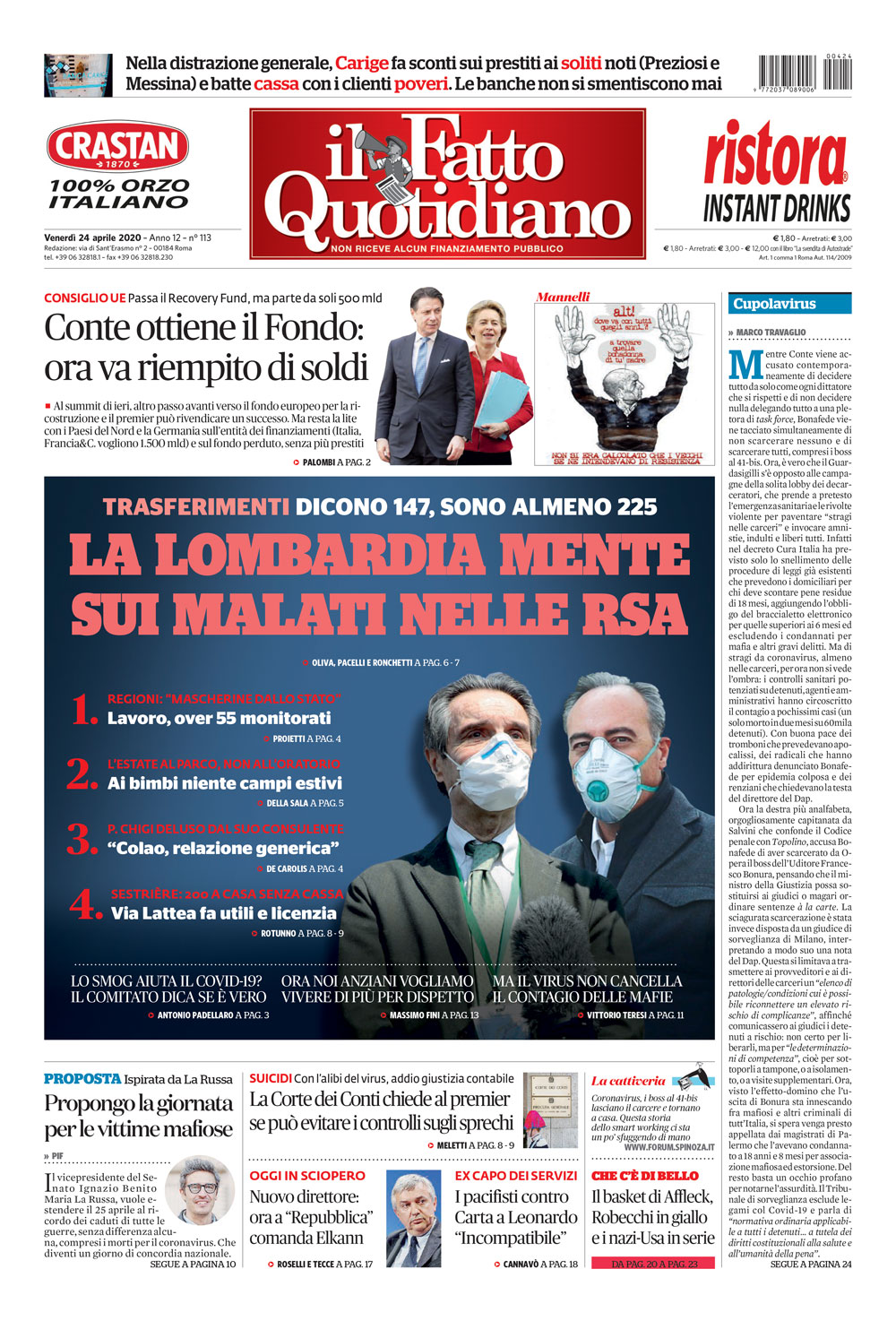 Prima Pagina Il Fatto Quotidiano - La Lombardia mente sui malati nelle Rsa