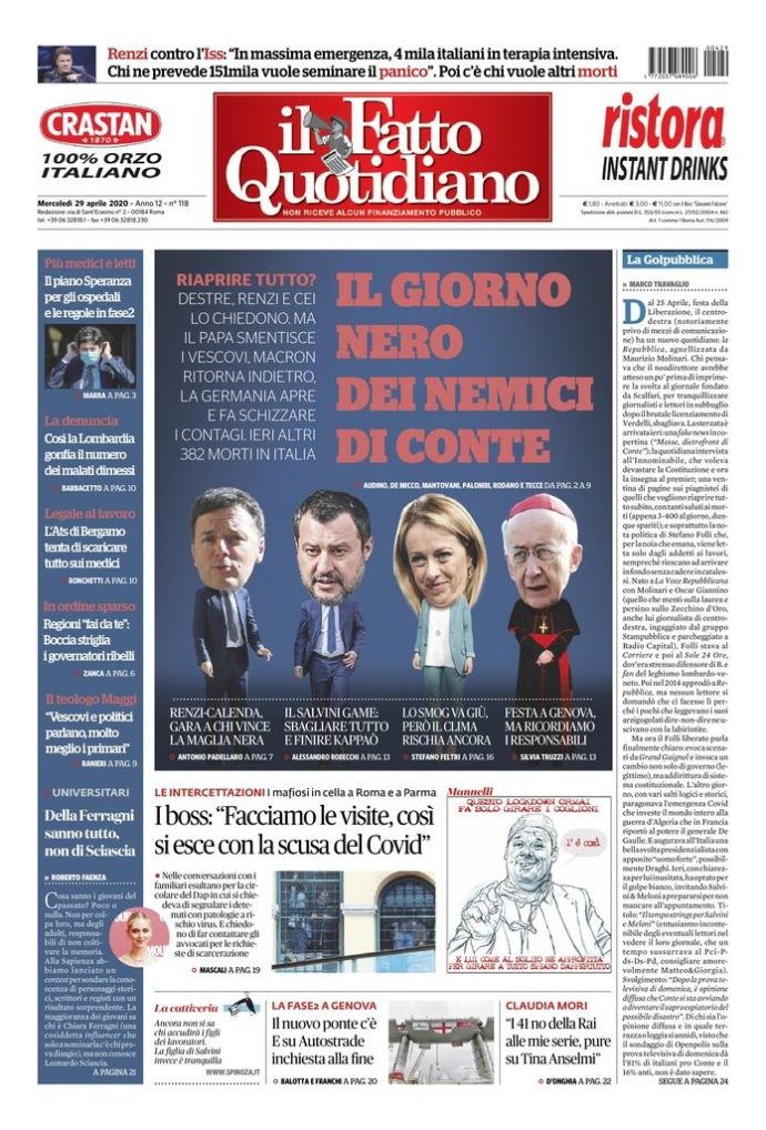 Copertina di mercoledì 29 aprile 2020