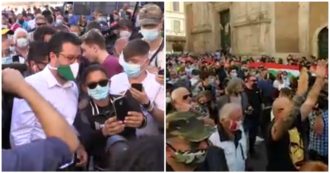 Centrodestra in piazza, il corteo di Salvini e Meloni tra assembramenti e selfie è senza regole. E dalla folla insulti a Conte: “Dimissioni”