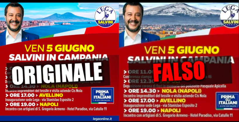 Salvini, il manifesto con il Vesuvio diventa un caso: “Quello è l’Etna”. Lui risponde: “Un falso”