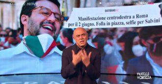 Copertina di Crozza sugli assembramenti del centrodestra: “Va bene salvare Salvini dai processi e non chiedergli i 49 milioni di euro. Ma una multa diamogliela”