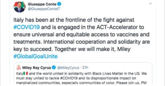 Conte a Miley Cyrus su Twitter: “Solidarietà a Black lives matter? Noi in prima linea contro il covid e per accesso cure. Insieme ce la faremo”
