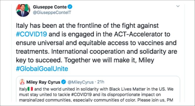 Conte a Miley Cyrus su Twitter: “Solidarietà a Black lives matter? Noi in prima linea contro il covid e per accesso cure. Insieme ce la faremo”