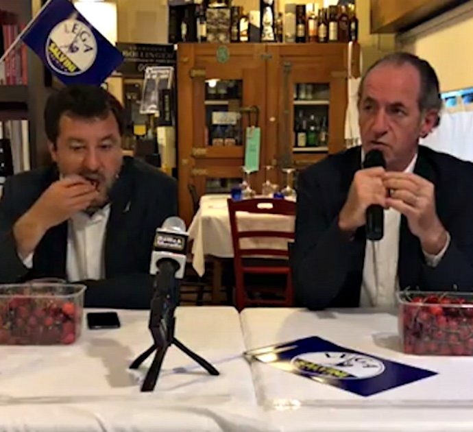 Verona, Salvini mangia ciliegie mentre Zaia parla dell’inchiesta sui neonati morti all’ospedale di Borgo Trento