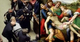 Copertina di Vittorio Sgarbi, dopo l’espulsione alla Camera si paragona al Cristo di Raffaello: “Mi volevano deporre ma mi hanno solo spostato”