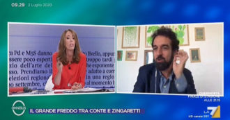 Copertina di La7, Dino Giarrusso protesta con Alessandra Sardoni: “Lei interrompe solo me parlandomi sopra e con Toti e gli altri ospiti non lo fa”