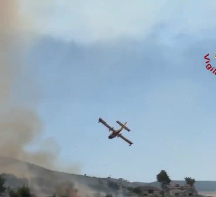 In fiamme 40 ettari di bosco in Puglia: i vigili del fuoco intervengono con i canadair – Le immagini