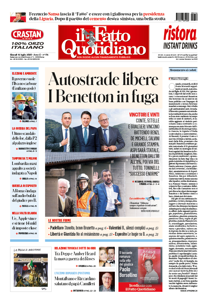 Prima Pagina Il Fatto Quotidiano - Autostrade libere. I Benetton in fuga