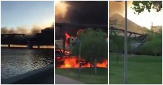 Copertina di Arizona, treno deraglia e prende fuoco: crolla il ponte su cui viaggiava. Le immagini