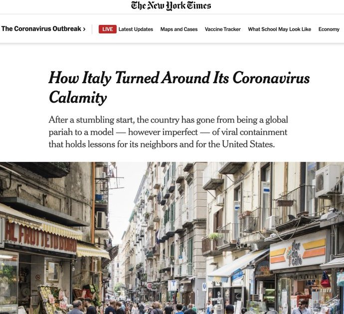 Il New York Times elogia l’Italia: “Da epicentro dell’incubo coronavirus a modello che dà una lezione anche gli Usa”