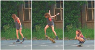 La giovane skater ce la fa all’ennesimo tentativo: l’acrobazia è perfetta e la sua reazione imperdibile