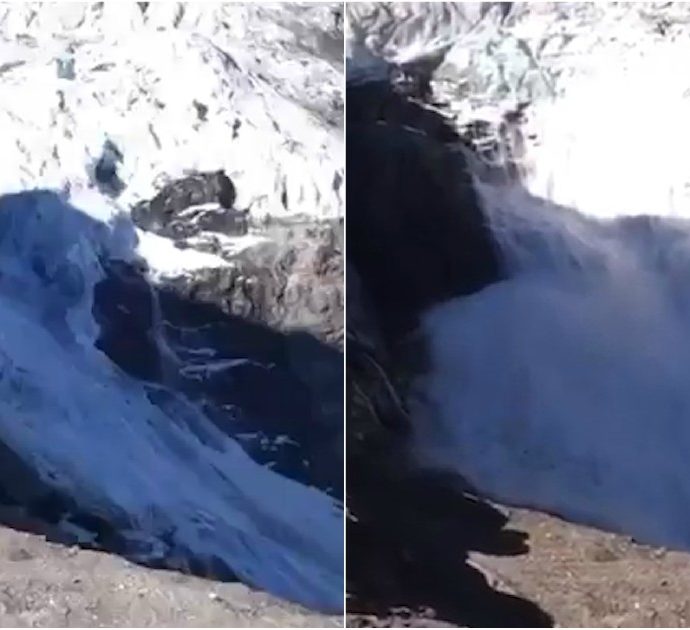 Il crollo del ghiacciaio alpino è impressionante: la forza della natura immortalata nel video di un escursionista
