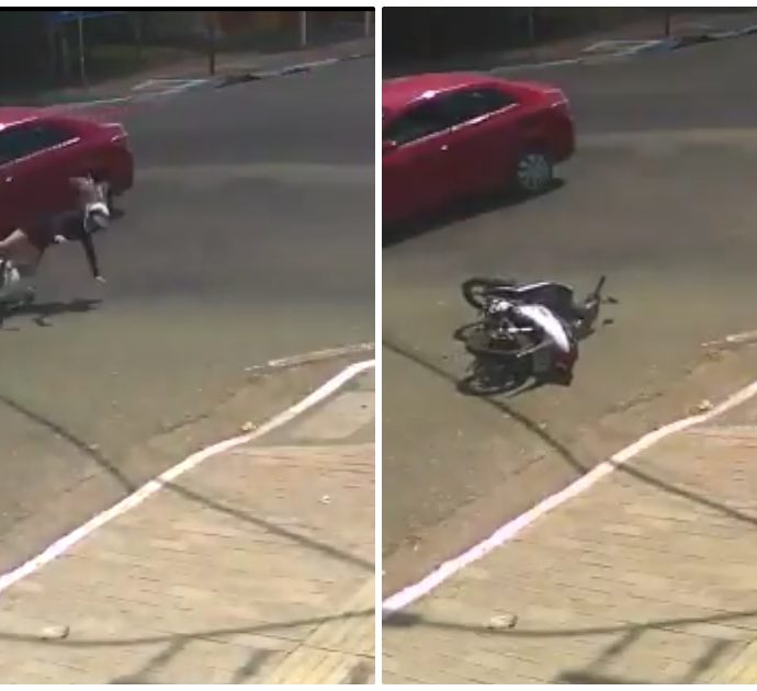 Si schianta con la moto contro un’auto e cade nel tombino delle fognature: il video dell’incidente