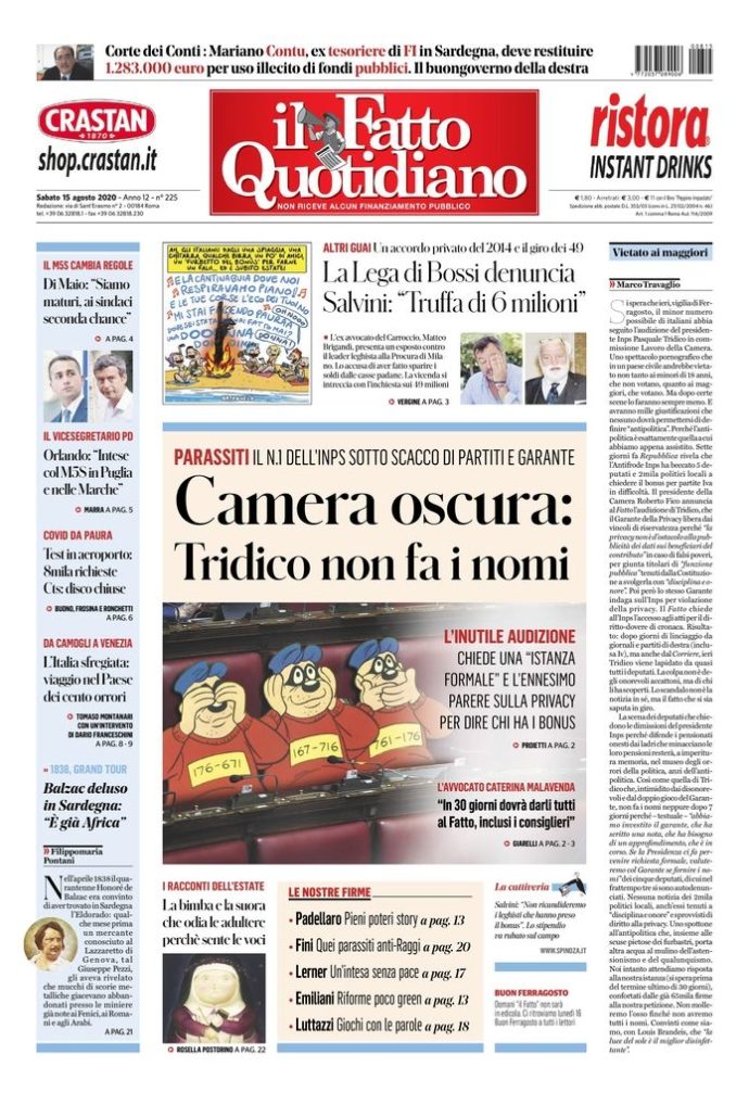 Copertina di sabato 15 agosto 2020