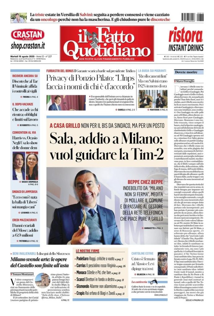 Copertina di martedì 18 agosto 2020