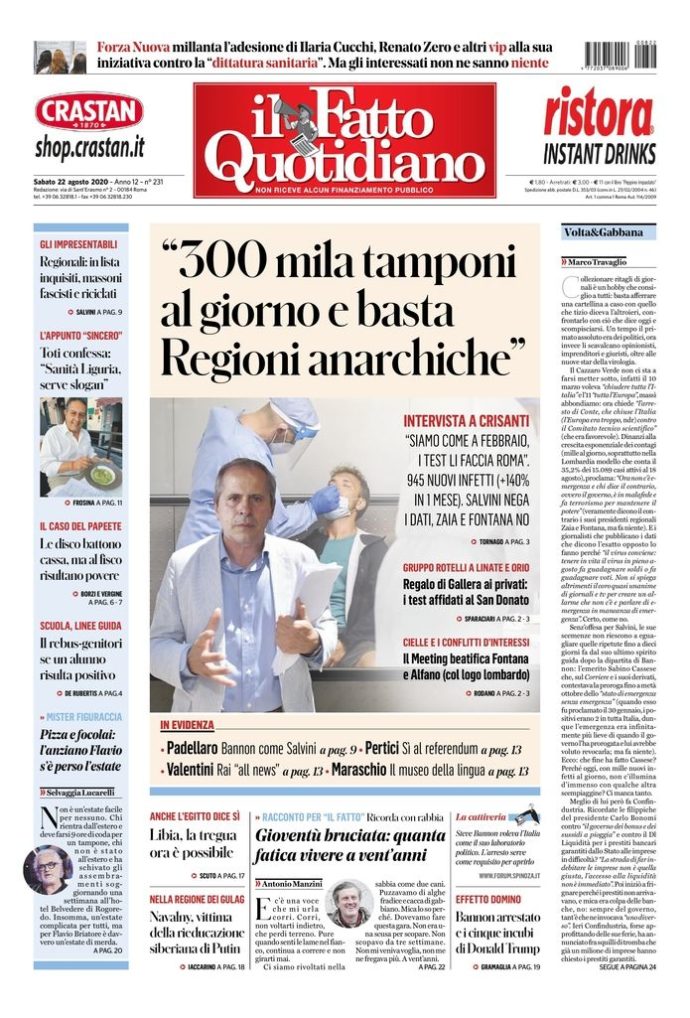 Copertina di sabato 22 agosto 2020