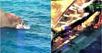 Copertina di Yacht in fiamme in Sardegna, in salvo 17 persone: le immagini girate dall’elicottero della Guardia costiera