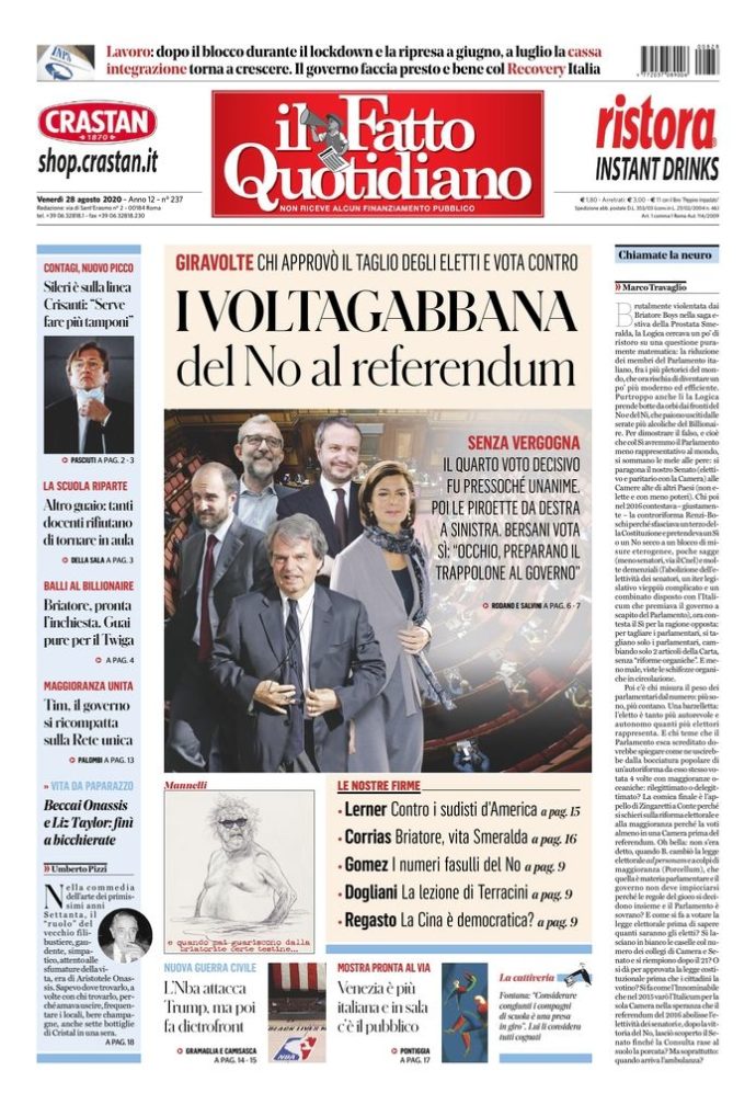 Copertina di venerdì 28 agosto 2020