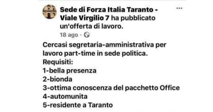 “Assumiamo segretaria bionda e di bella presenza”: l’annuncio sessista della sede di Forza Italia di Taranto