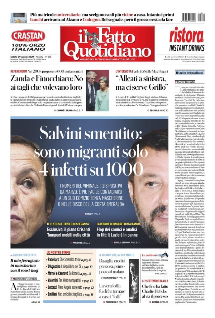 Copertina di sabato 29 agosto 2020