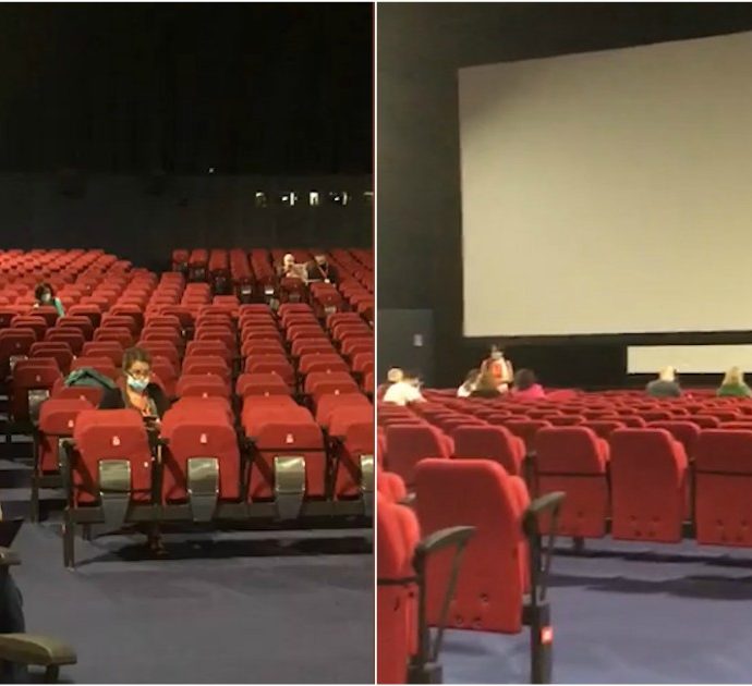 Festival del cinema di Venezia, la prima spettrale proiezione: poche decine di persone sedute nella immensa sala del PalaBiennale